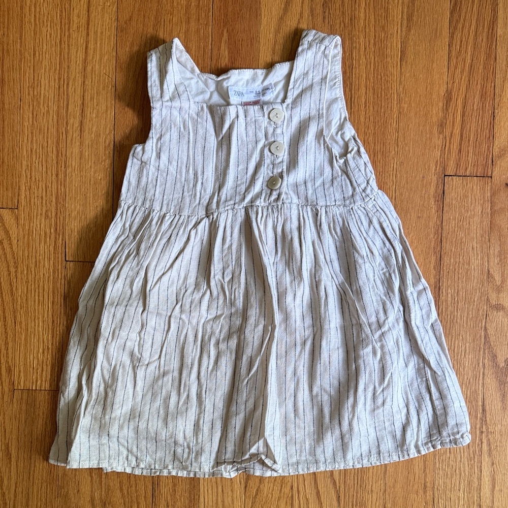 Zara Girls Cream and Black Striped Button Linen Blend Dress 3-4T EUC